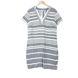 Boden Striped Linen Dress Short Sleeve V-Neck Size 12L